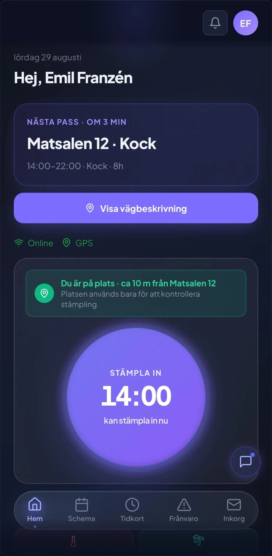 Konsultappens startvy med stämpla in-knappen